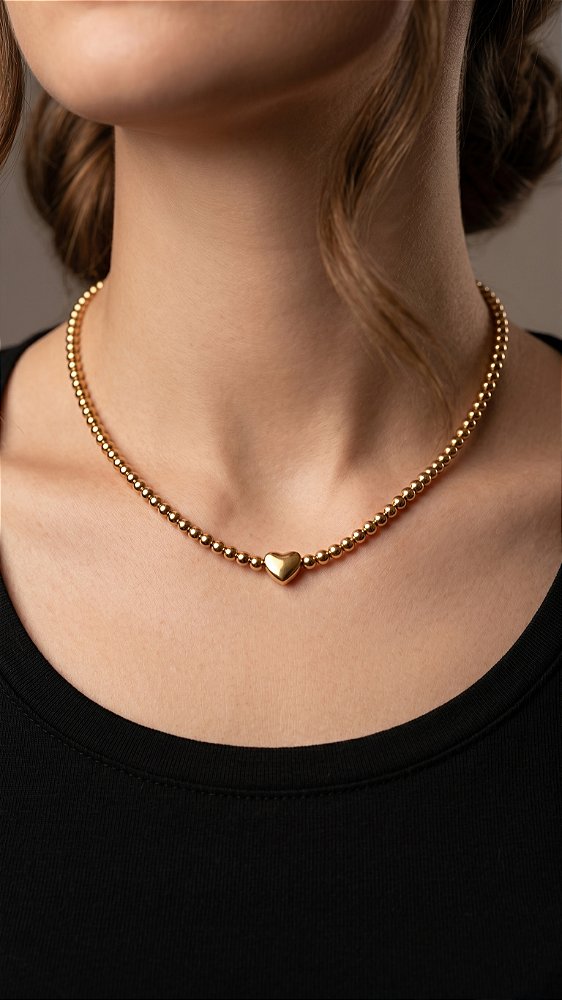 Colar Insp Tiffany Mini Esferas Coração Aço Dourado