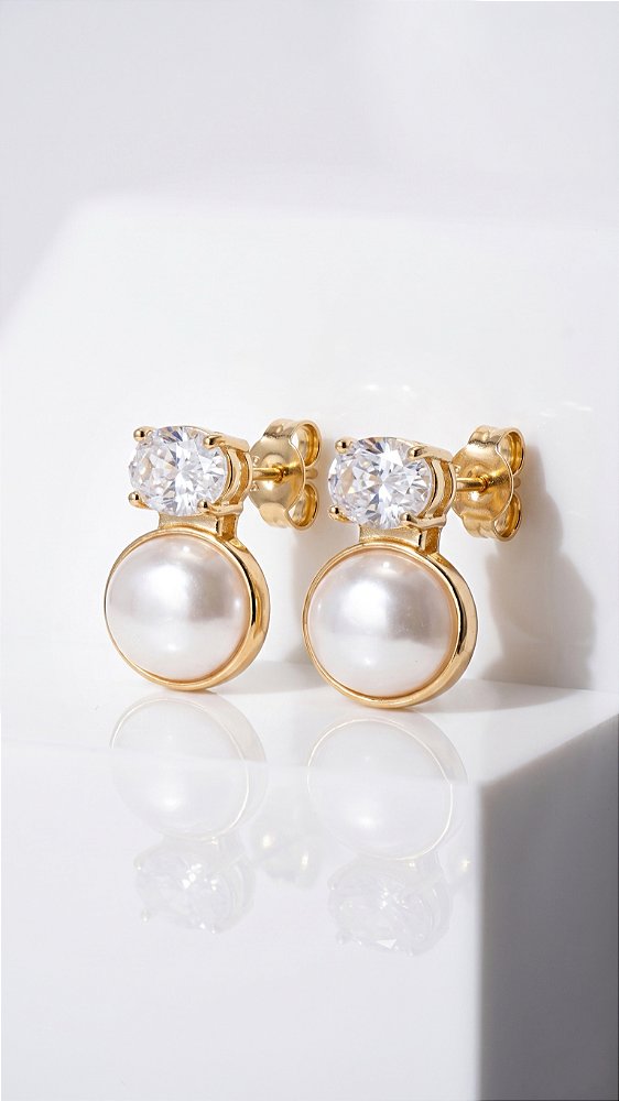 Brinco Pérola Composê Zircônia Branca Dourado