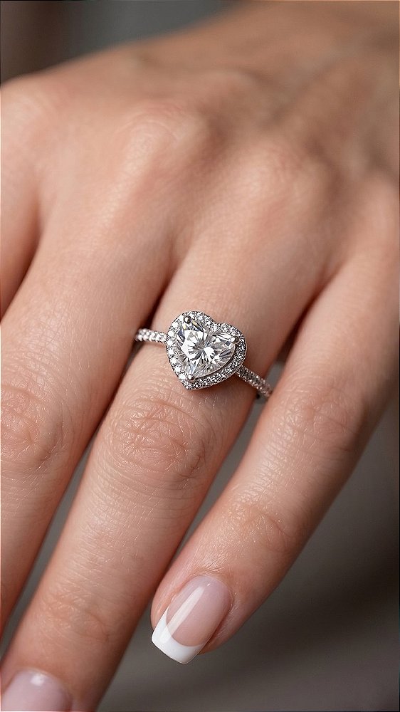 Anel Coração Cravejado Moissanite Prata 925 Ajustável
