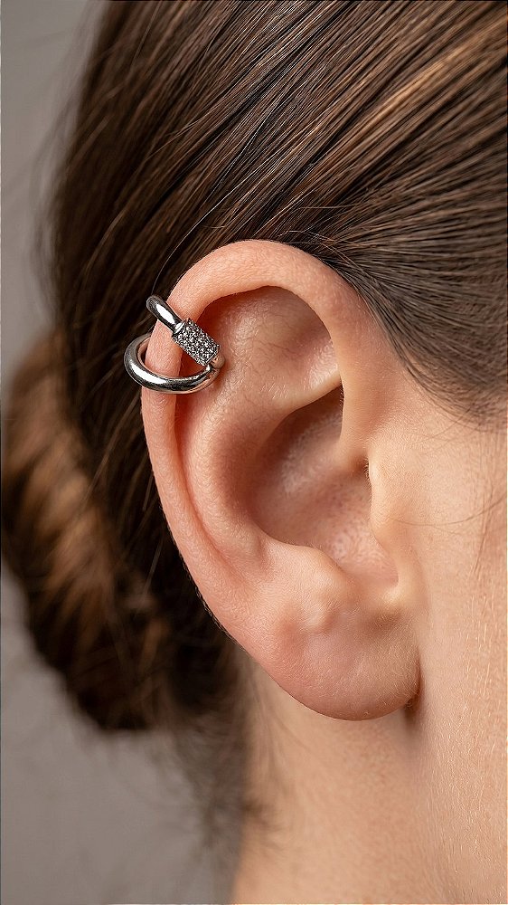 Brinco Ear Cuff Duplo Cravejado Zircônia Prata
