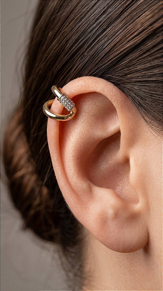 Brinco Ear Cuff Duplo Cravejado Zircônia Dourado