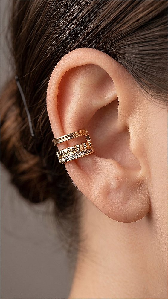 Brinco Ear Cuff Vazado Zircônia Dourado