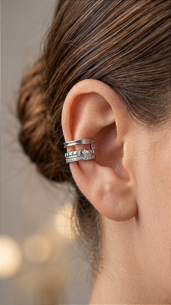 Brinco Ear Cuff Vazado Zircônia Prata