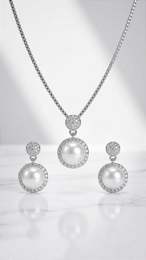 Conjunto Composê Pérola com Zircônia Prata