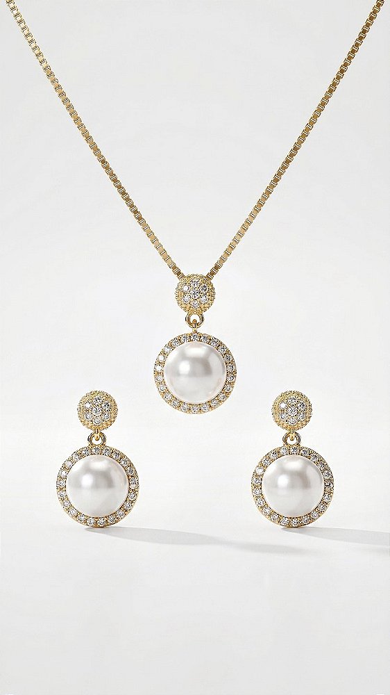 Conjunto Composê Pérola com Zircônia Dourado
