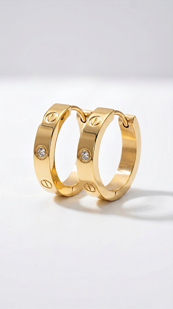 Brinco Argola CT Cravejada Zircônia Dourado Aço