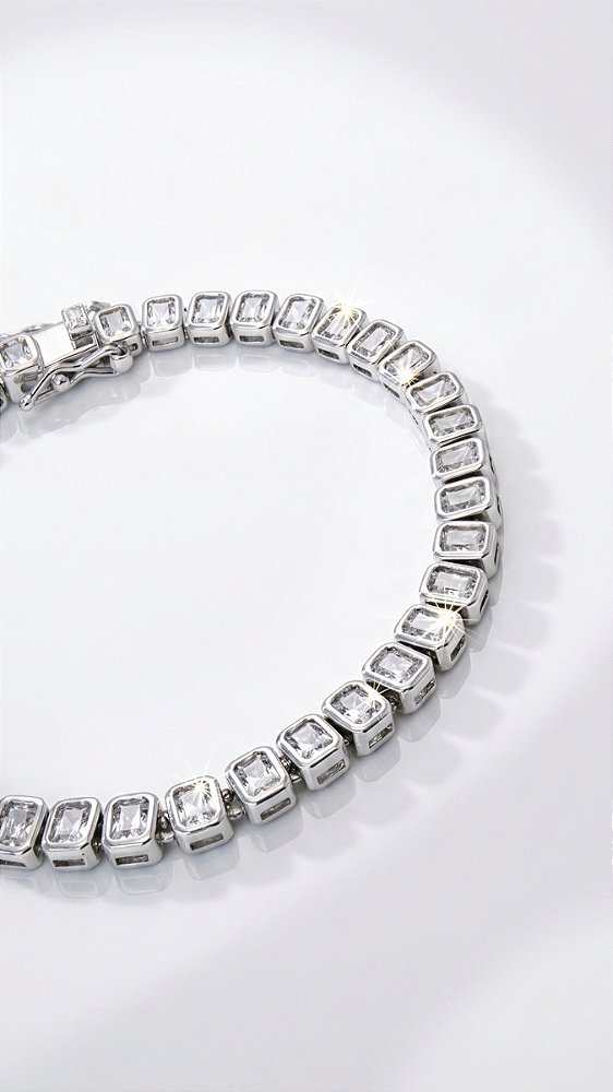 Pulseira Riviera Quadrado 4mm Zircônias Prata Fecho Gravata