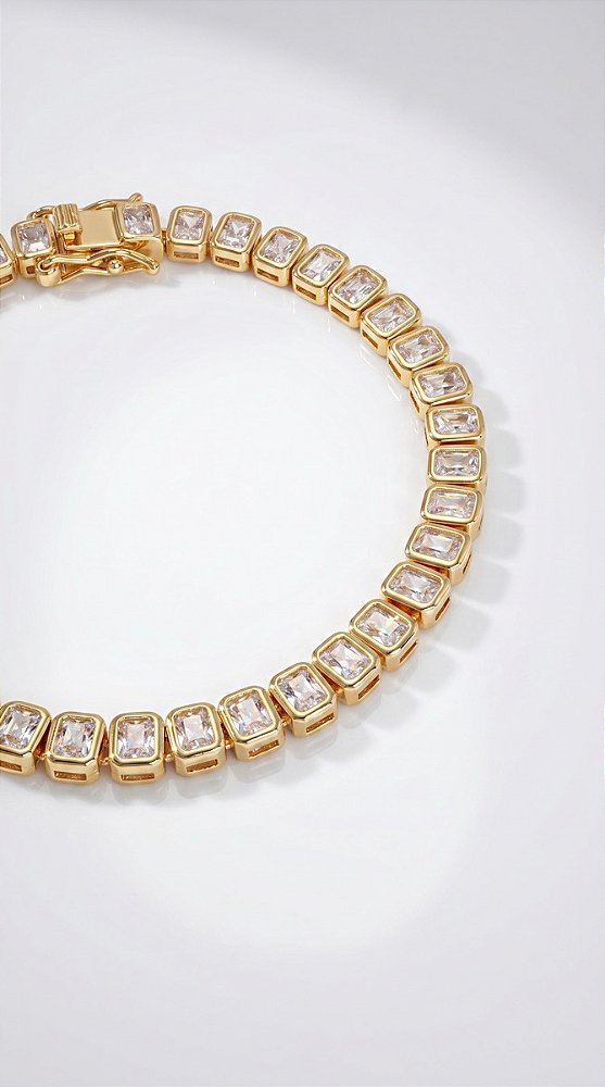 Pulseira Riviera Quadrado 4mm Zircônias Dourado Fecho Gravata