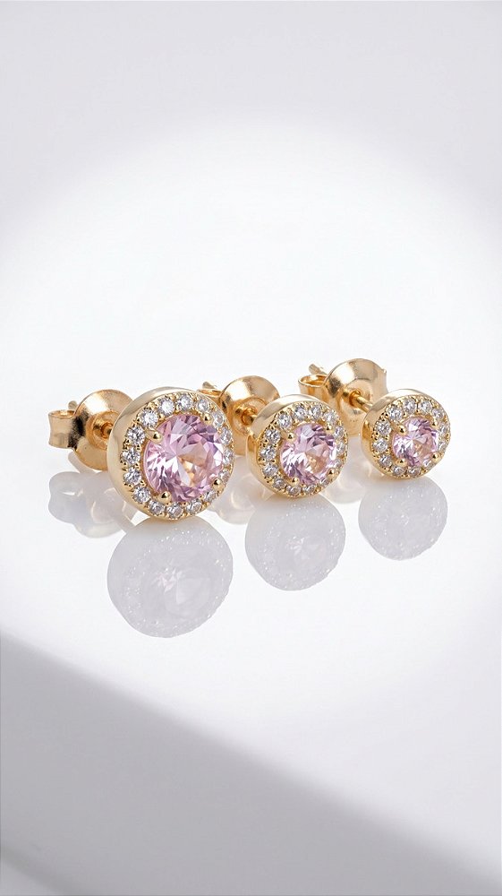 Brinco Trio Ponto de Luz Zircônias Rosa Cravejadas Ouro