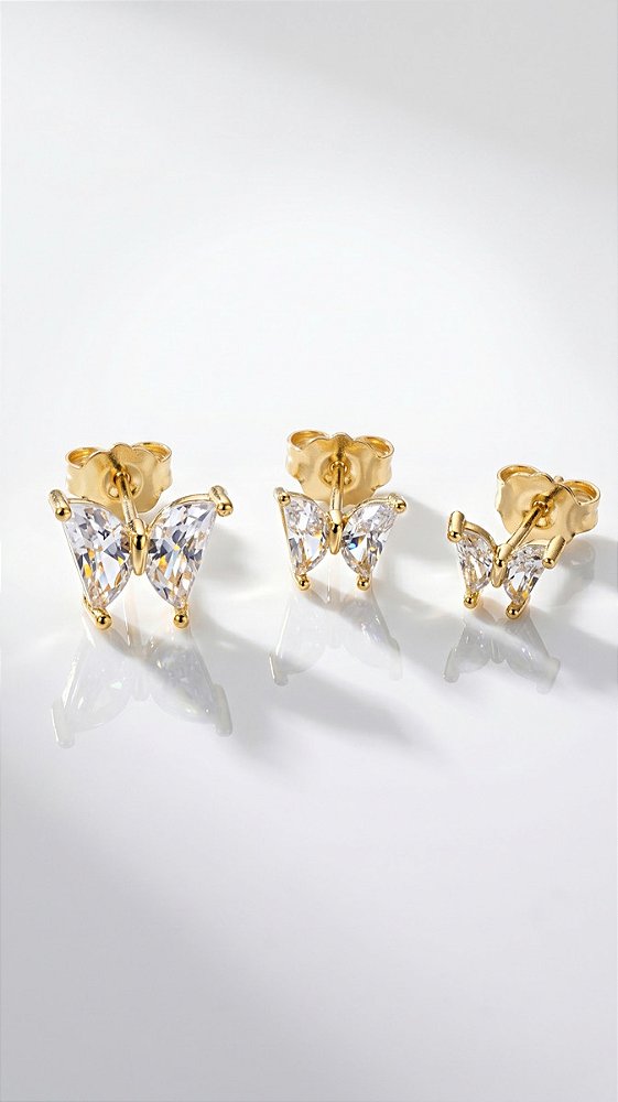 Brinco Trio Borboletas Zircônias Garra Cristal Ouro