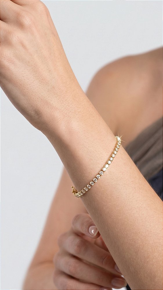 Pulseira Riviera Redonda 3mm Zircônia Dourada