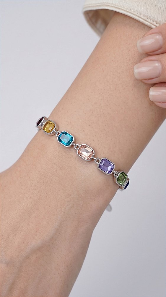 Pulseira Chatons Cristal Coloridos Aço Prata