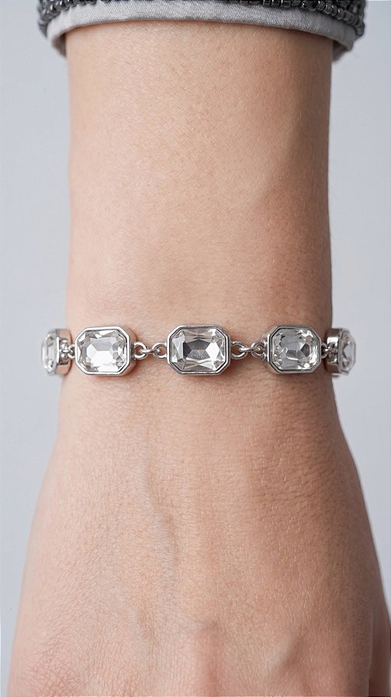 Pulseira Chatons Cristal Banho Ródio Branco Aço