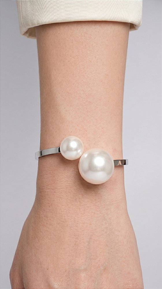 Bracelete Dupla Pérola Aço Prata