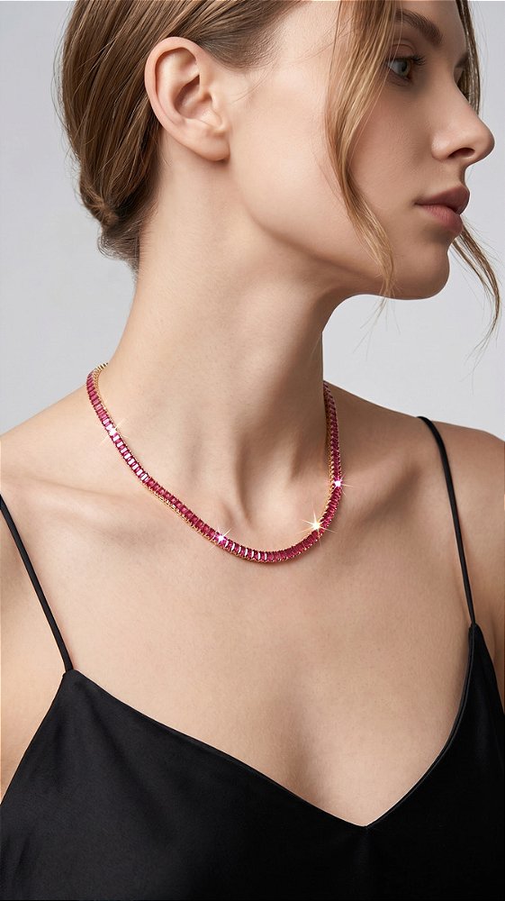 Colar Riviera Baguete 4mm Zircônia Vinho Dourada