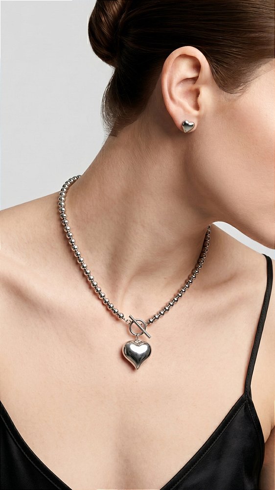 Conjunto Esferas Coração Fecho T Aço Prata