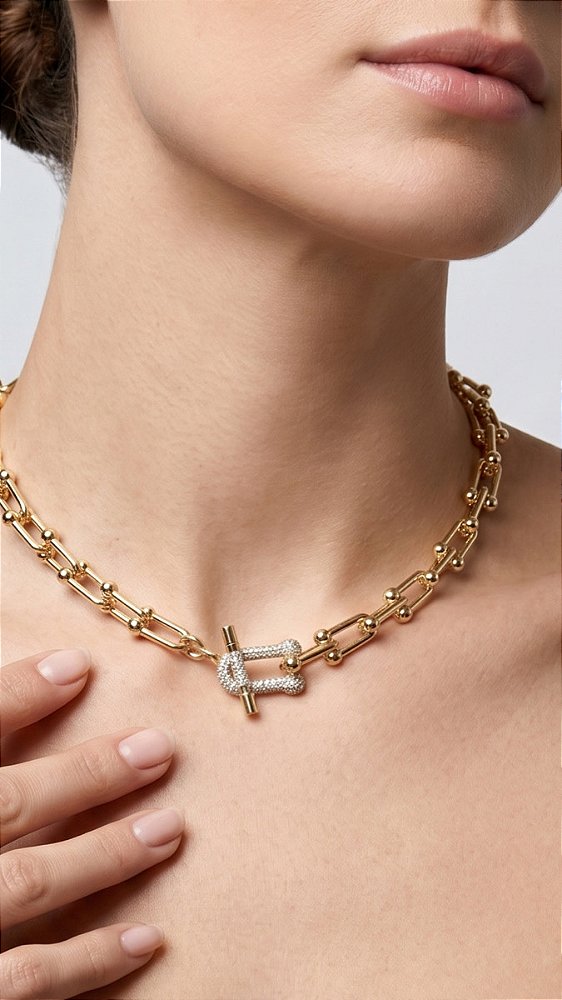 Colar Elos Fecho T Frontal Cravejados Zircônia Premium Dourado