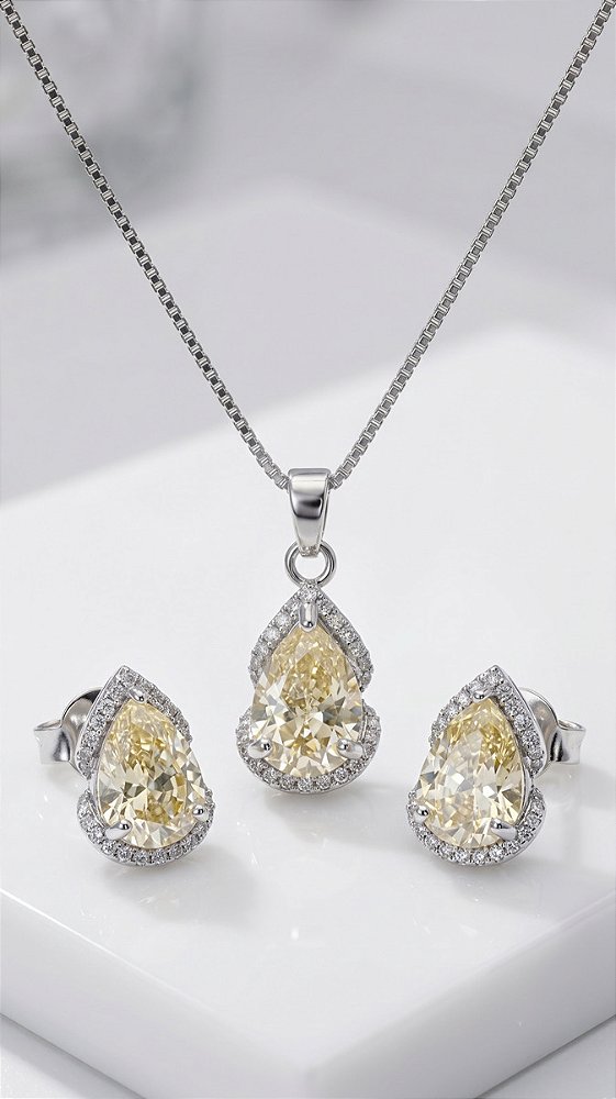 Conjunto Colar e Brincos Gota Lapidada Zircônias Citrino Cravejada Prata