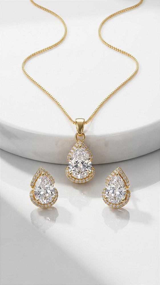 Conjunto Colar e Brincos Gota Lapidada Zircônias Branca Cravejada Prata