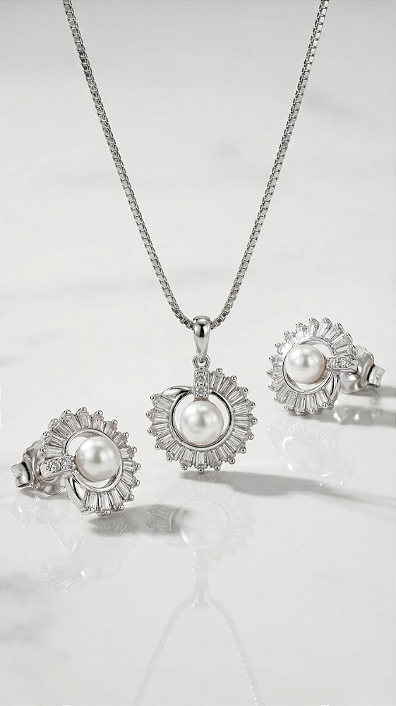Conjunto Colar e Brincos Composê Zircônia Baguete & Pérola Prata