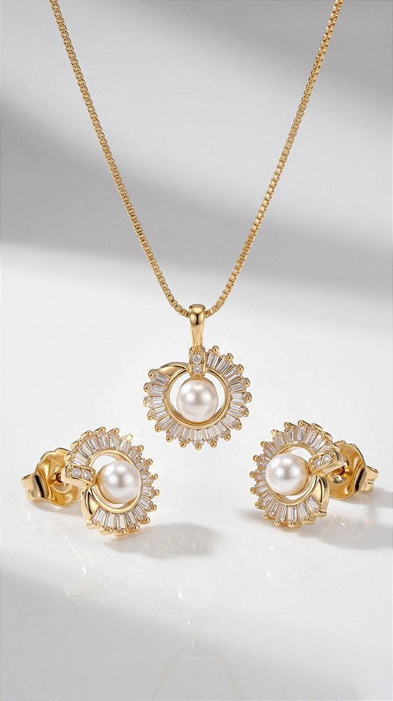 Conjunto Colar e Brincos Composê Zircônia Baguete & Pérola Dourado