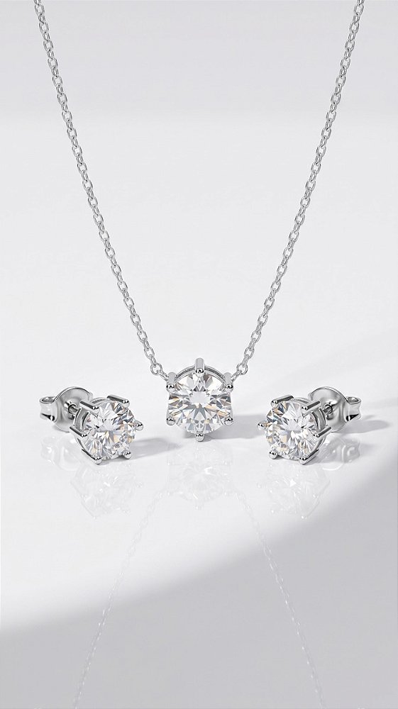 Conjunto Pedra PP Moissanite 1.6ct/0.8ct Ponto de Luz 6 Pontas Prata 925