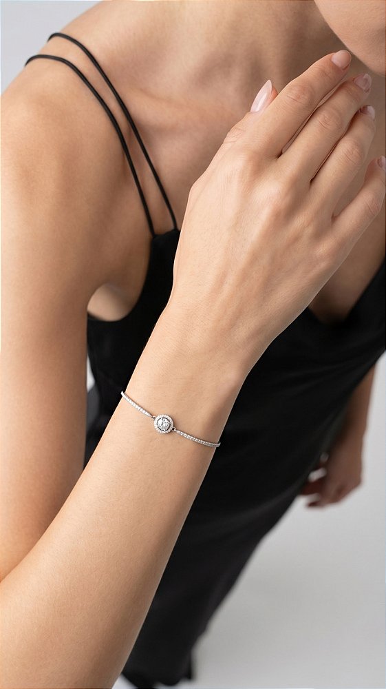 Pulseira Ponto de Luz Halo Zircônia Prata 925 Ajustável