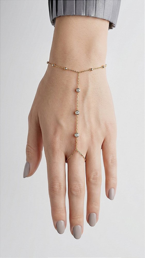 Pulseira de Mão Hand Chain Zircônias Aço Dourada