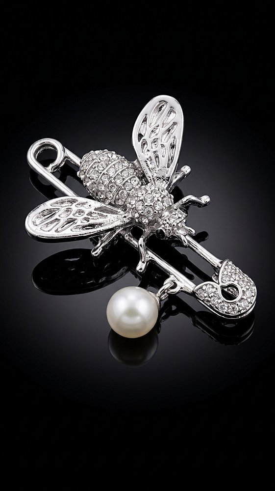 Broche Alfinete Besouro Cravejado Strass Pérola Prata