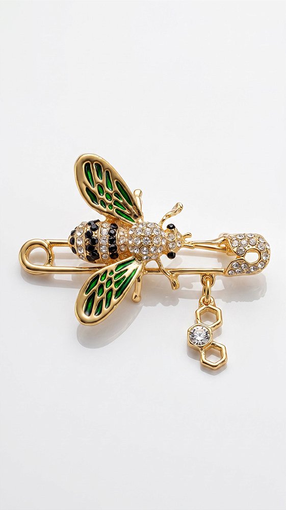 Broche Alfinete Besouro GG Verde Strass Dourado