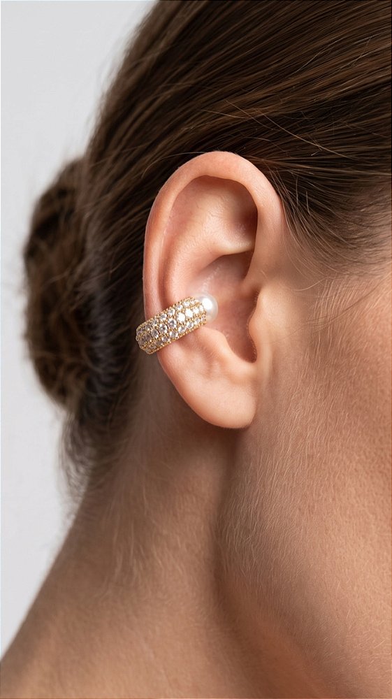 Brinco Ear Cuff Cravejado Zircônias Composê Pérola Dourado