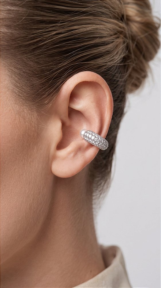 Brinco Ear Cuff Cravejado Zircônias Composê Pérola Prata