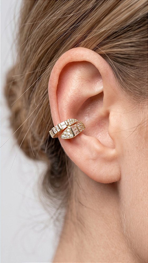 Brinco Ear Cuff Serpente BV Cravejado Zircônias Dourado