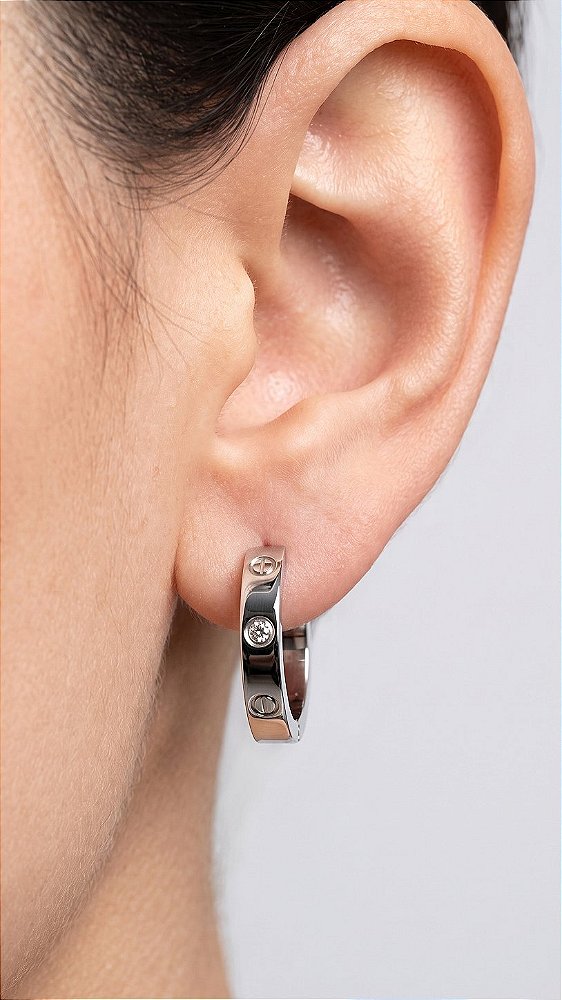Brinco Argola CT Cravejada Zircônia Prata Aço