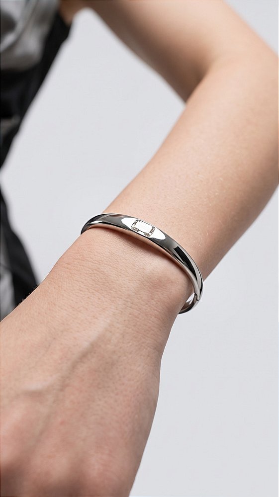 Bracelete Click Chaton Cristal Branco Aço Prata