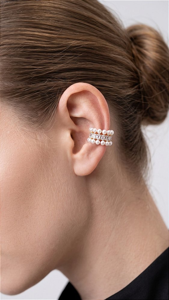 Brinco Ear Cuff Pérola Composê Zircônias Dourado
