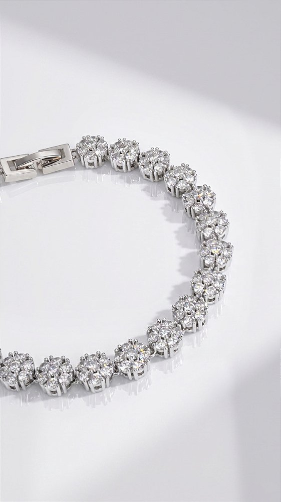 Pulseira Flores Zircônias Banho Ródio Branco
