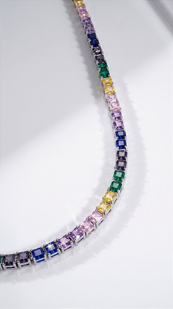 Colar Riviera Quadrado Premium Zircônias Coloridas 4 Garras Prata Fecho Gravata