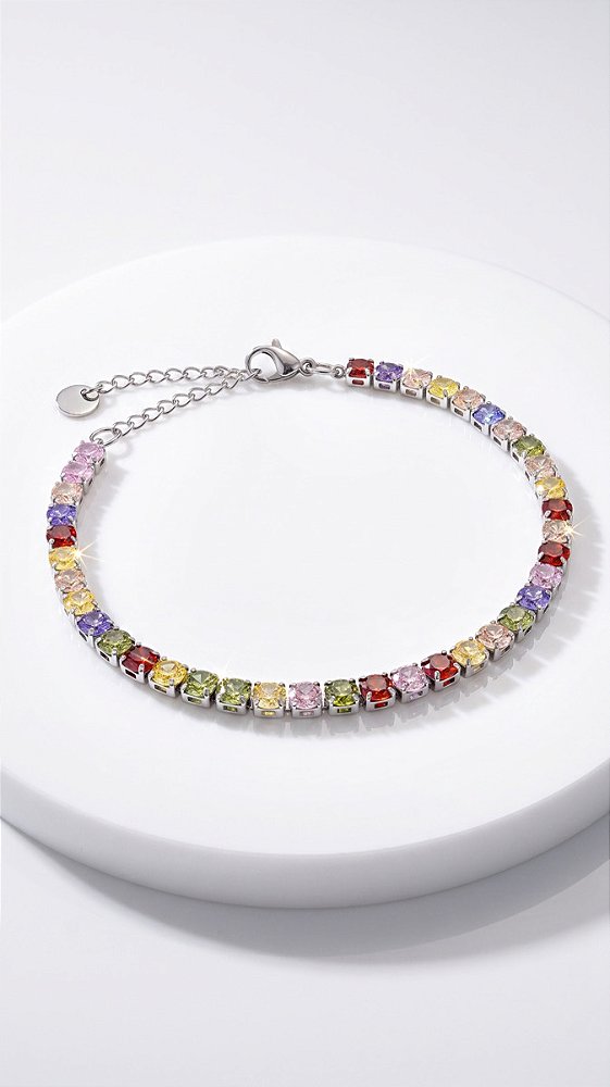 Pulseira Riviera Quadrada Zircônias Coloridas 4 Garras Aço Prata Ajustável