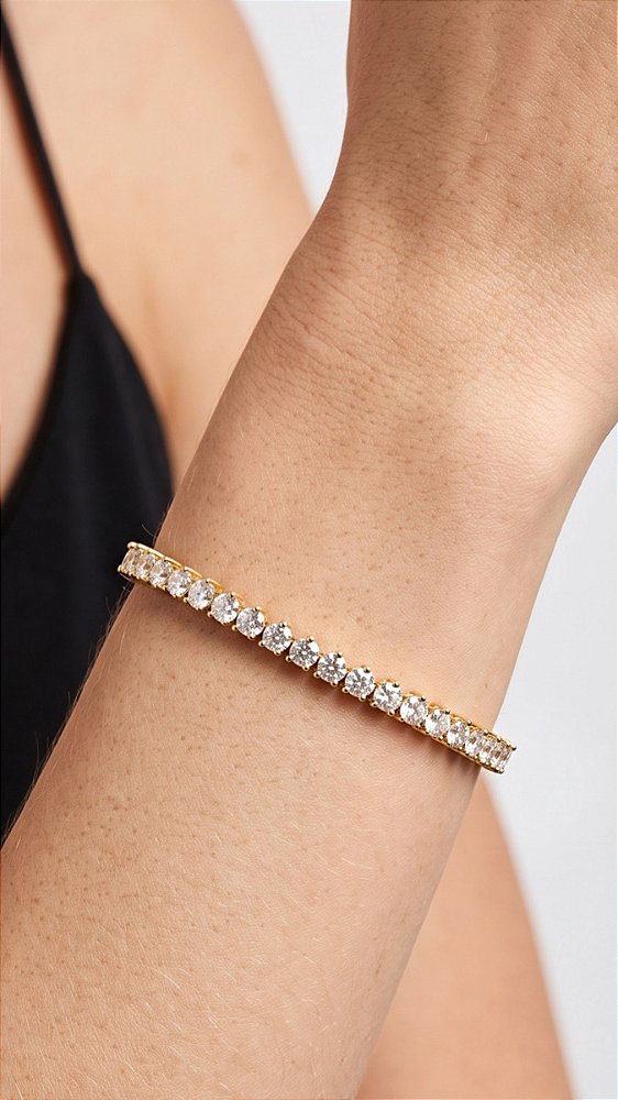 Pulseira Riviera 3 Pontas Zircônias Banho Ouro 18K Fecho Gravata