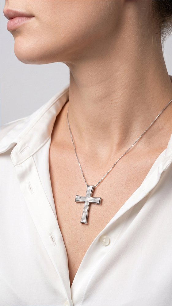 Colar Crucifixo Zircônias Cravejadas Banho Ródio Branco