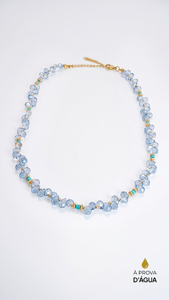 Colar Pedras Cristal Azul Aço Dourado