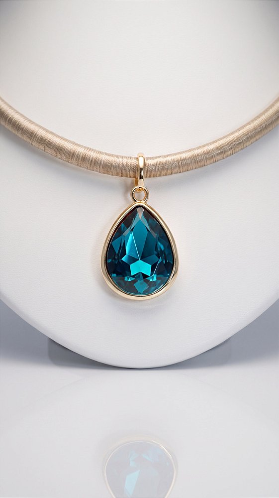 Colar Cordão Encerado Bege Pingente Gota Cristal Turquesa Banho Ouro 18K