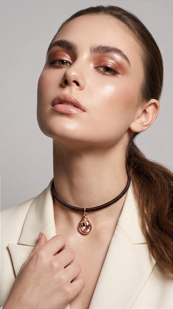 Colar Cordão Encerado Café Pingente Gota Cristal Rose Banho Ouro 18K