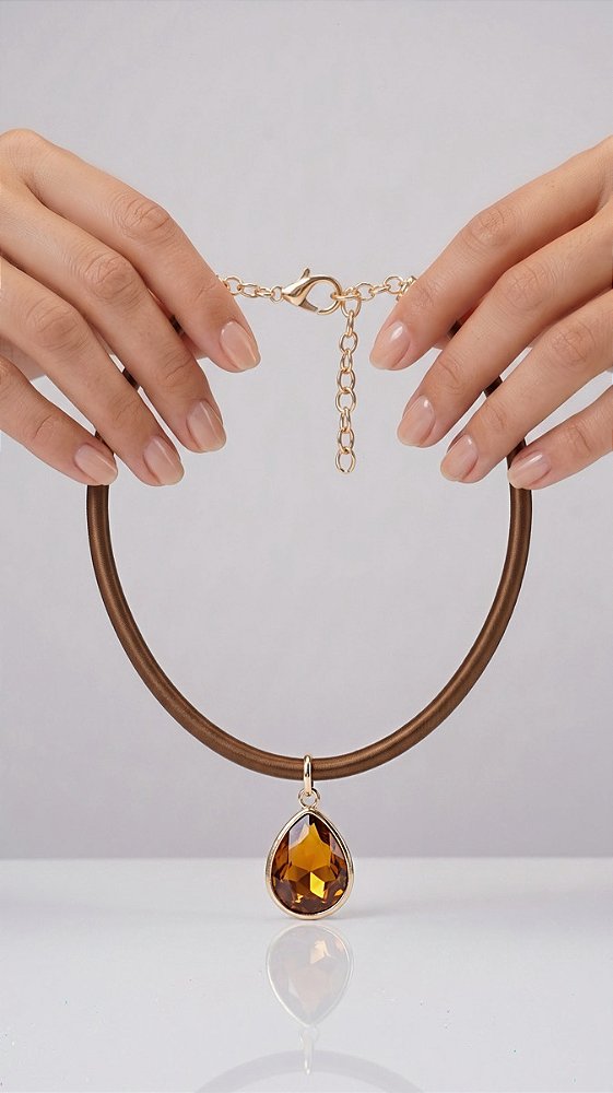 Colar Cordão Encerado Coffe Pingente Gota Cristal Marrom Banho Ouro 18K