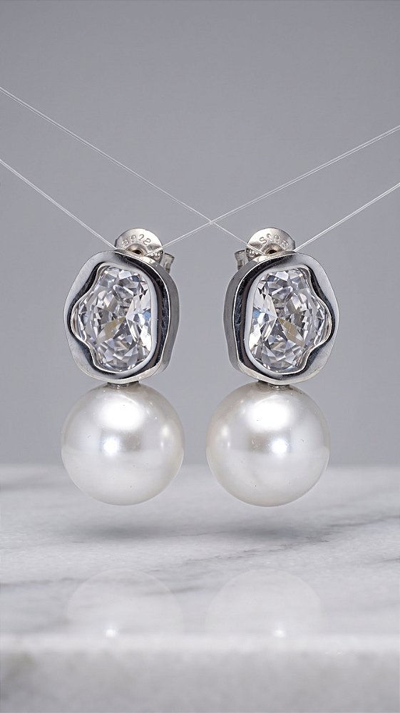 Brinco Pérola Mix Chaton Cristal Banho Ródio Branco Aço