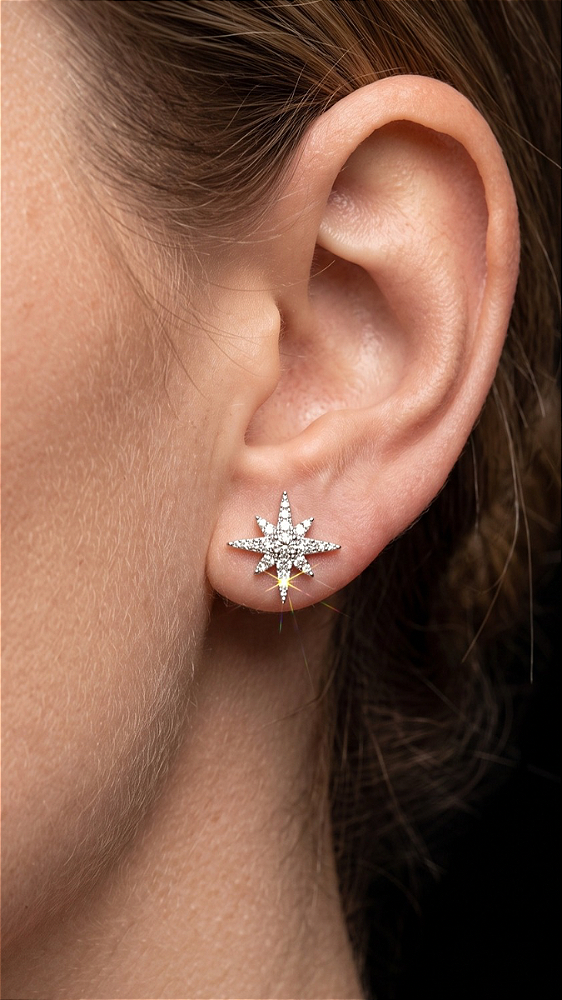 Brinco Estrela Canopus Moissanite Pavê 12 mm Prata 925
