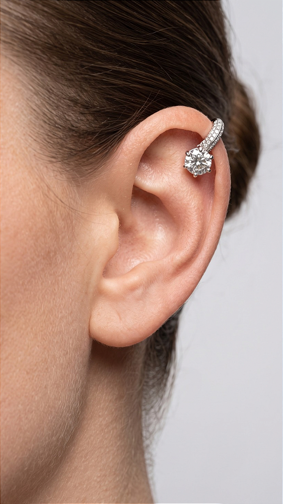 Brinco Piercing Fake Superior Cravejado Moissanite 1.0ct Prata 925