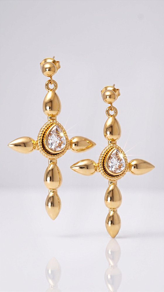 Brinco Pendente Cruz Dolce Orgânica Zircônia Aço Dourado
