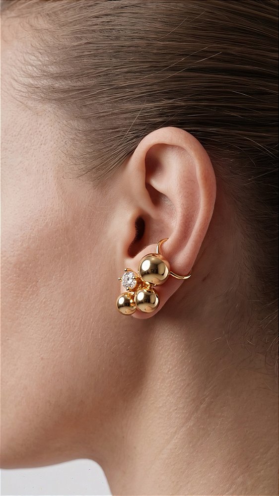 Brinco Esferas Com Pedra Zircônia Ear Cuff Banho Ouro 18K